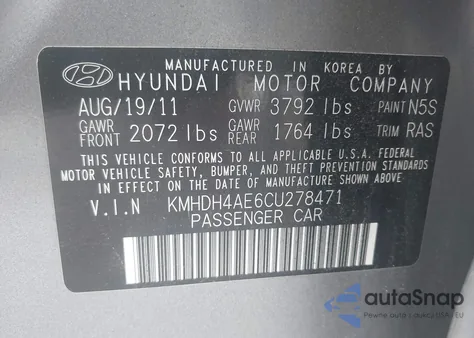2012 Hyundai Elantra Gls (Ulsan Plant) from USA, damaged, VIN KMHDH4AE6CU278471